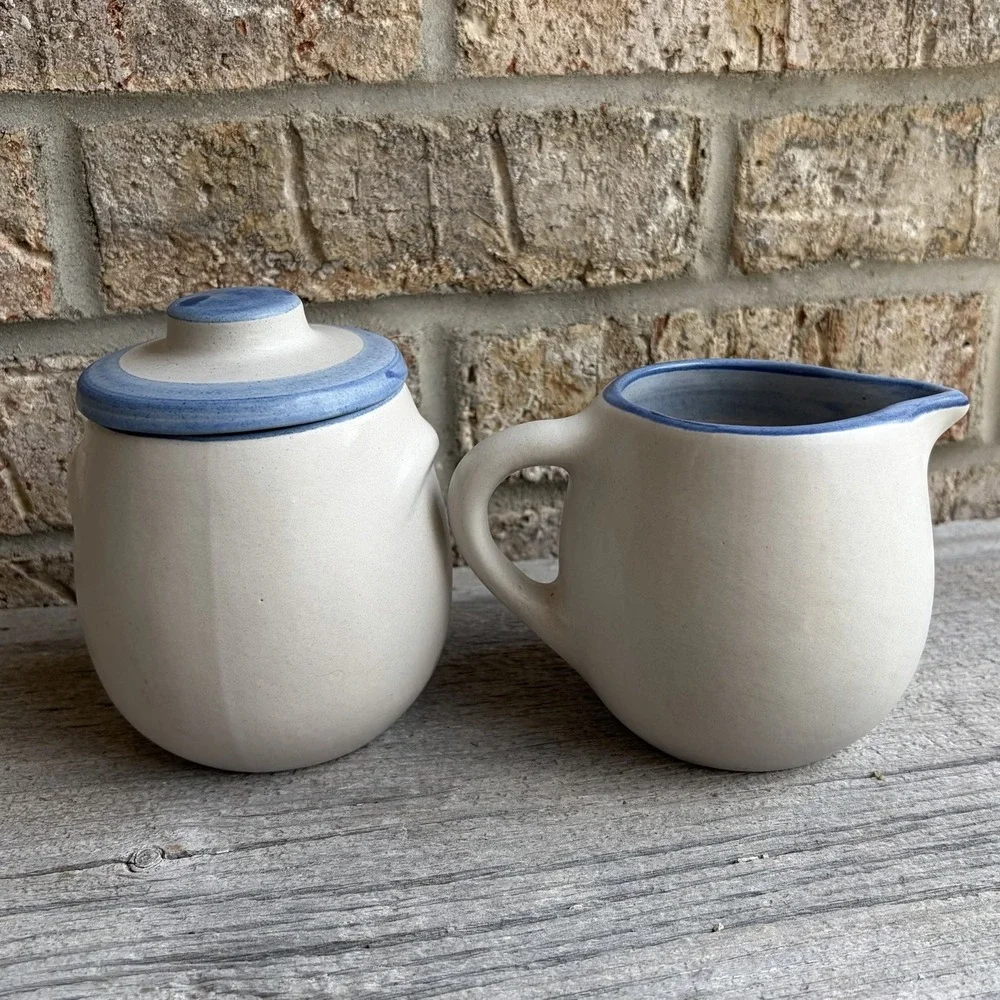 MA Hadley Pottery Prancing Blue Horse Sugar Bowl With Lid & Creamer Oversized